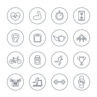 16 fitness, spor salonu, çizgi kutsal kişilerin resmi daireler, fitness sembollerin, vektör çizim eğitim