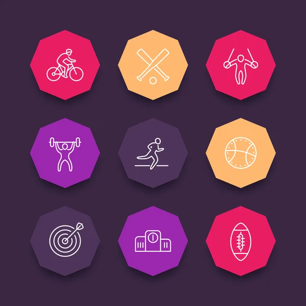 Diferentes tipos de deportes, iconos de línea, pictogramas deportivos en formas de octágono de color, ilustración vectorial — Vector de stock
