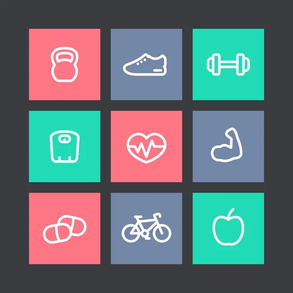 Fitness thick line icons, healthy lifestyle, training, workout, biceps linear icons on squares, vector illustration — Stock Vector