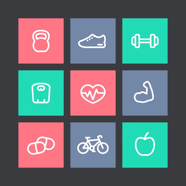 Fitness iconos de línea gruesa, estilo de vida saludable, entrenamiento, entrenamiento, bíceps iconos lineales en cuadrados, ilustración vectorial — Archivo Imágenes Vectoriales