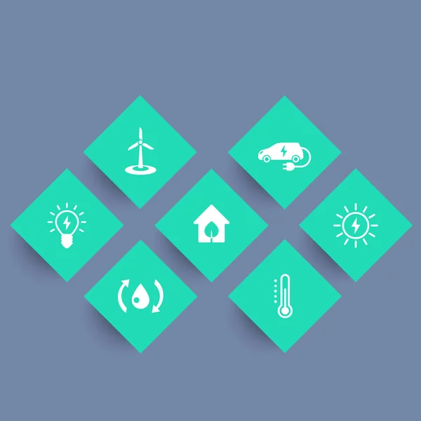 Groene Ecologic huis iconen, ecovriendelijke oplossingen, energiebesparende technologieën, geometrische icons set, vector illustratie — Stockvector