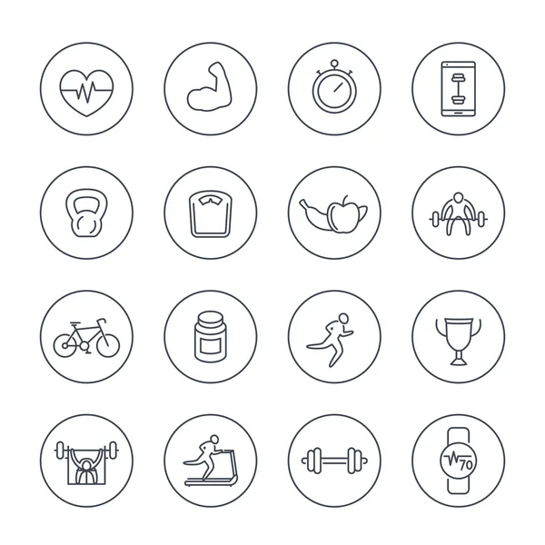 16 fitness, gym, training line icons in circles, fitness pictograms, vector illustration — Stock Vector