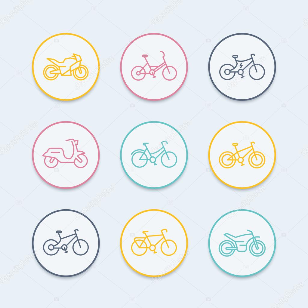 Bikes line icons, bicycle icon, bike, cycling, motorcycle vector, motorbike, fat bike, scooter, retro bike, electric bike, round icons, vector illustration