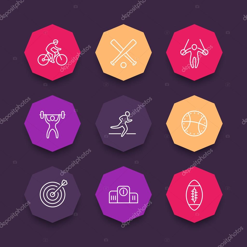 Different kind of sports, line icons, sports pictograms on color octagon shapes, vector illustration