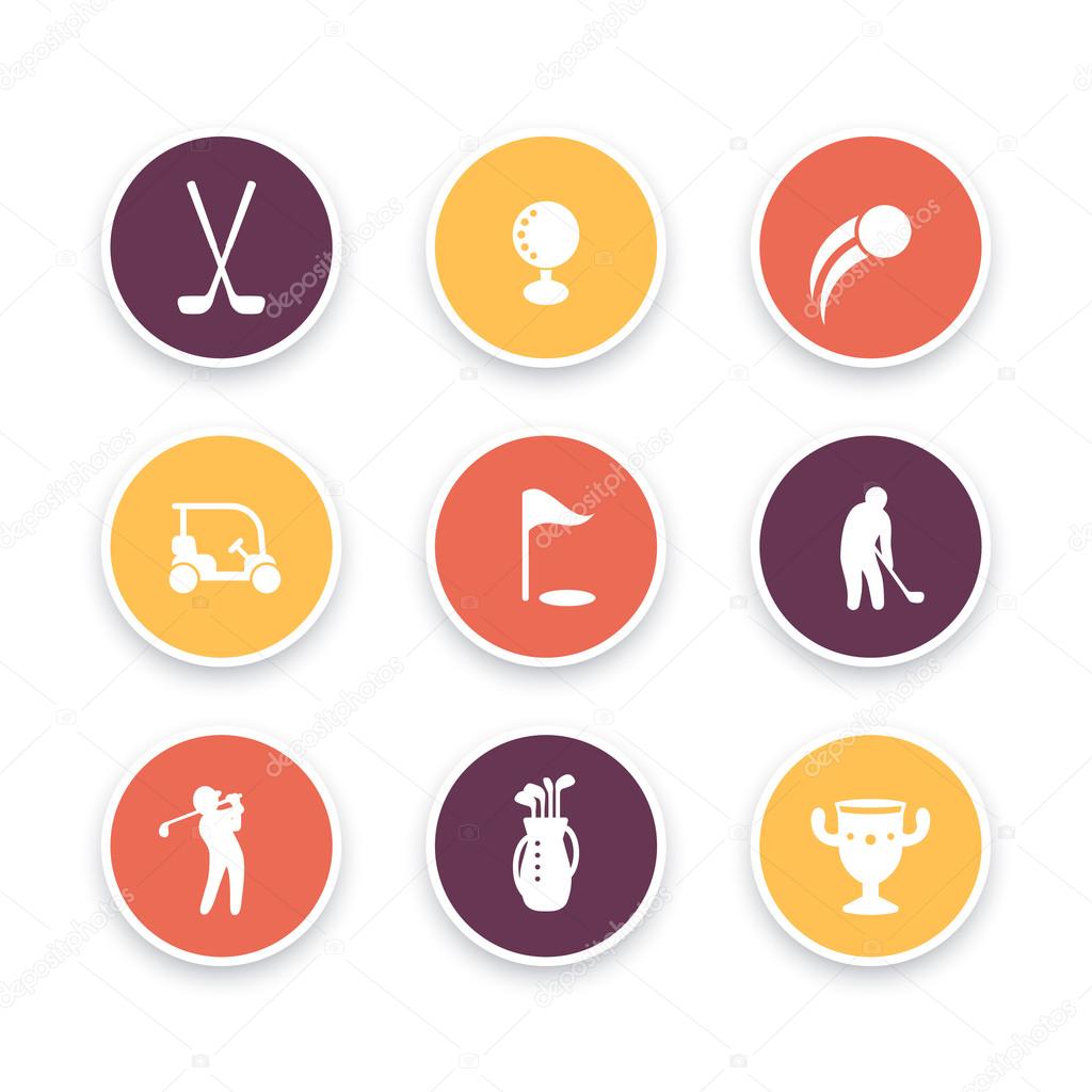 Golf icons, golf clubs, golf player, golfer, golf bag, golf signs, round icons set, vector illustration