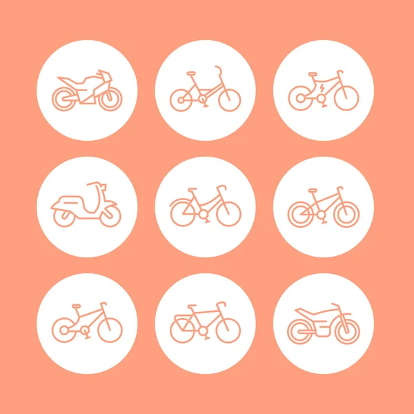Bikes line icons set, bicycle icon, bike, cycling, motorcycle, motorbike, fat bike, scooter, electric bike, vector illustration — Stock Vector