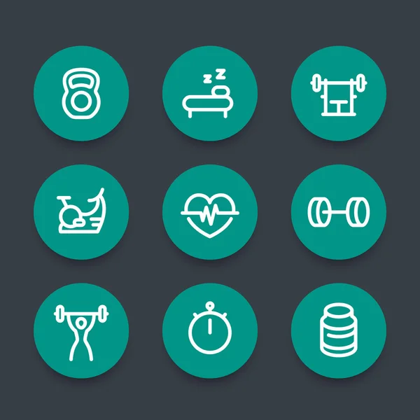 Iconos de línea de fitness, esquema grueso, entrenamiento, signos de aptitud, entrenamiento, iconos de aptitud redondos verdes, ilustración vectorial — Vector de stock