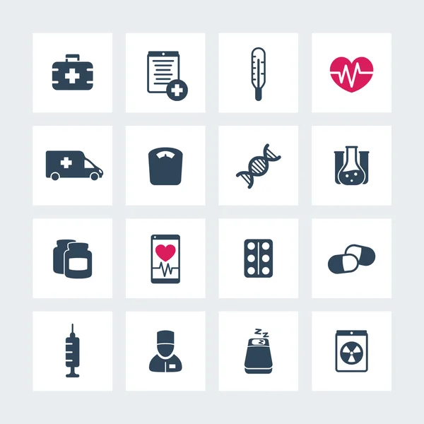 Medicin ikoner, hälsovård, ambulans, sjukhus, piller, droger, medicin piktogram, platta ikoner på torg, vektor illustration — Stock vektor