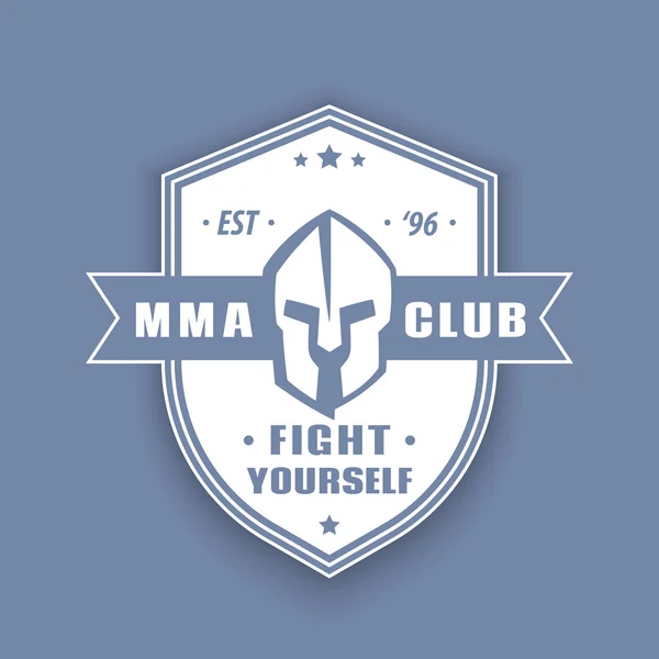 Emblema vintage MMA Club, cartello, logo con casco spartano su scudo, illustrazione vettoriale — Vettoriale Stock