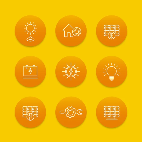 Energia solar, energia solar, energia, instalação de painéis, ícones de linha redonda, ilustração vetorial — Vetor de Stock