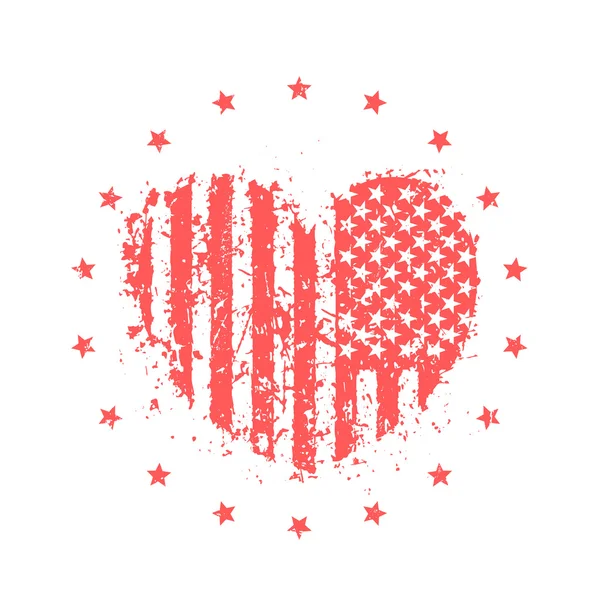 Abstracte hart met USA vlag, Amerikaanse patriottische teken, t-shirt afdrukken op wit, vector illustratie — Stockvector