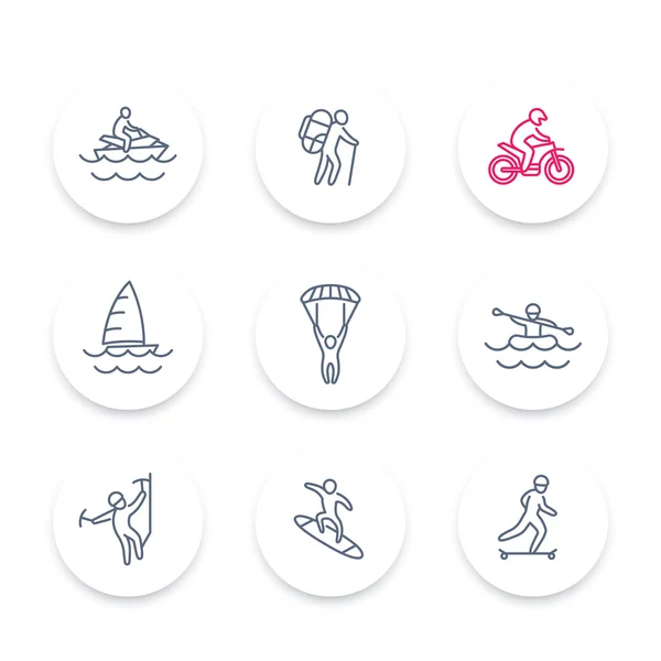 extreme outdoor activities line icons set, extreme sports, recreation pictograms, round icons, vector illustration