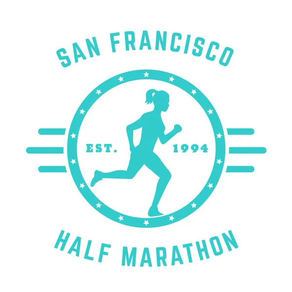 Metade Maratona logotipo do vintage, crachá, design de t-shirt com menina correndo isolado em branco, ilustração vetorial — Vetor de Stock
