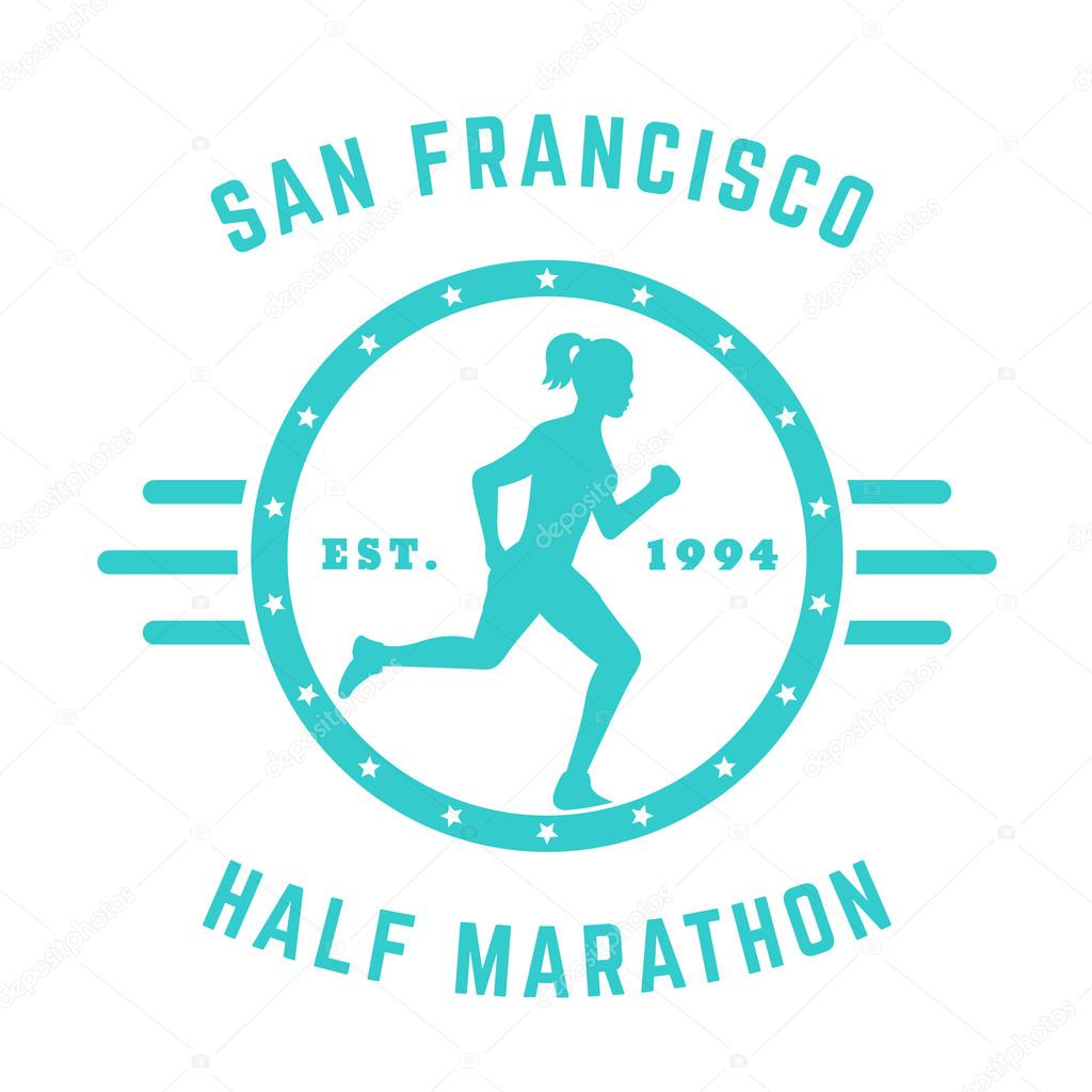 Half Marathon vintage logo, badge, t-shirt design with running girl isolated on white, vector illustration