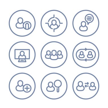 İnsan kaynakları simgeleri, insan kaynakları, personel yönetimi, personel rotasyonu, koçluk, işe alma, boş alan, dairelerde kalın çizgi simgeleri, vektör çizimi