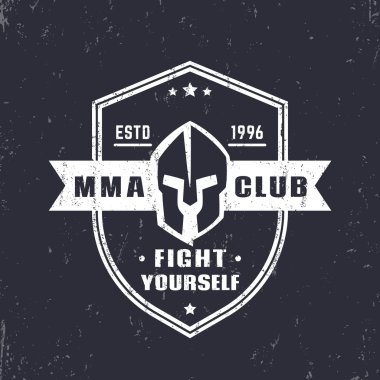 Mma club kalkan şekli amblemi, spartan kasklı logo, vektör illüstrasyon