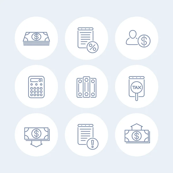 Bookkeeping line icons, finance, tax, accounting round isolated icons, vector illustration — ストックベクタ