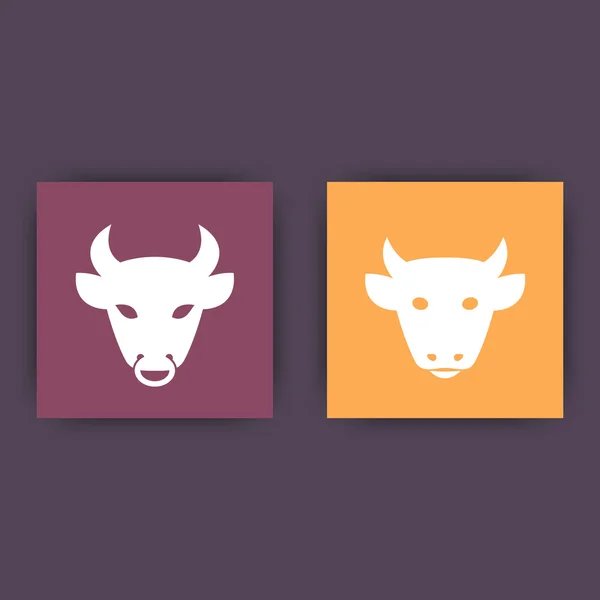 Teste di mucca e toro, icona del bestiame, allevamento, ranch, icone quadrate, illustrazione vettoriale — Vettoriale Stock