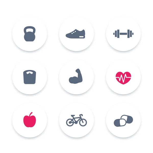 Iconos de fitness, pictogramas de fitness simples, signos, iconos redondos, ilustración vectorial — Archivo Imágenes Vectoriales