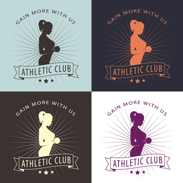 Получить больше с нами логотип, значок, печать футболки с позирование спортивной девушки, фитнес логотип в различных цветах, векторная иллюстрация — стоковый вектор