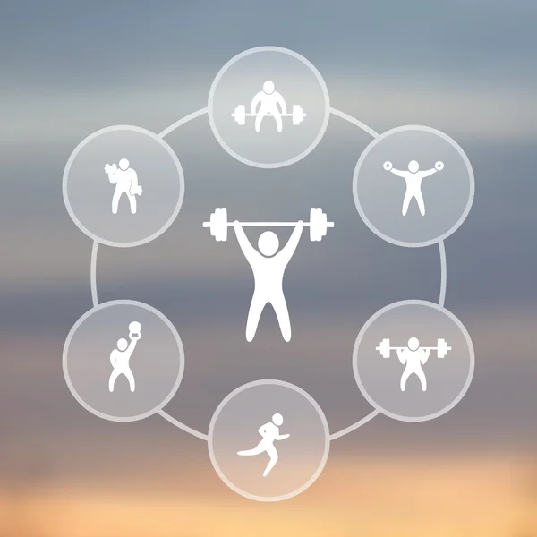 Gimnasio, entrenamiento, ejercicios de fitness iconos transparentes, ilustración vectorial — Vector de stock