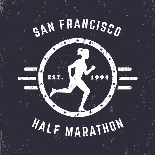 Metade Maratona logotipo do vintage, crachá, t-shirt imprimir com running girl, ilustração vetorial — Vetor de Stock