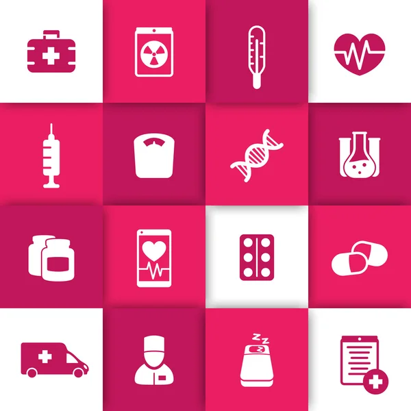 Medicin ikoner, hälso-och sjukvård, ambulans, sjukhus, spruta, vaccin, piller, droger, medicin piktogram, flat ikoner set, vektor illustration — Stock vektor