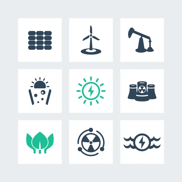 Makt, energiproduktion ikoner på torg, Energetik, olika energikällor, sol, vind, kärnkraft, vektor illustration — Stock vektor