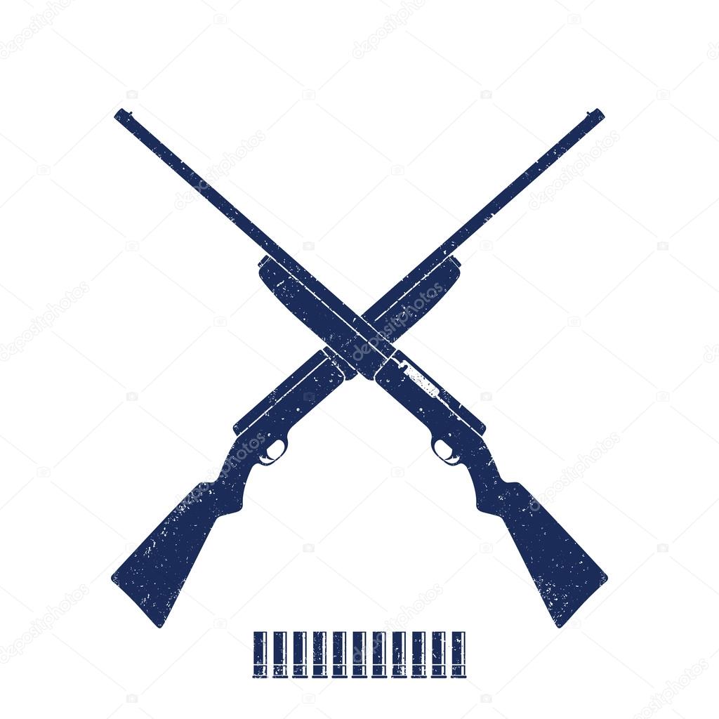Crossed hunting rifles, shotguns, shells on white, vector illustration