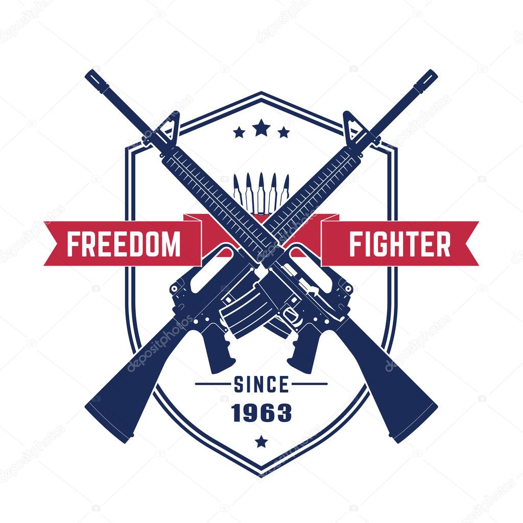 Freedom fighter, vintage t-shirt design with american assault rifles, automatic guns isolated over white, vector illustration
