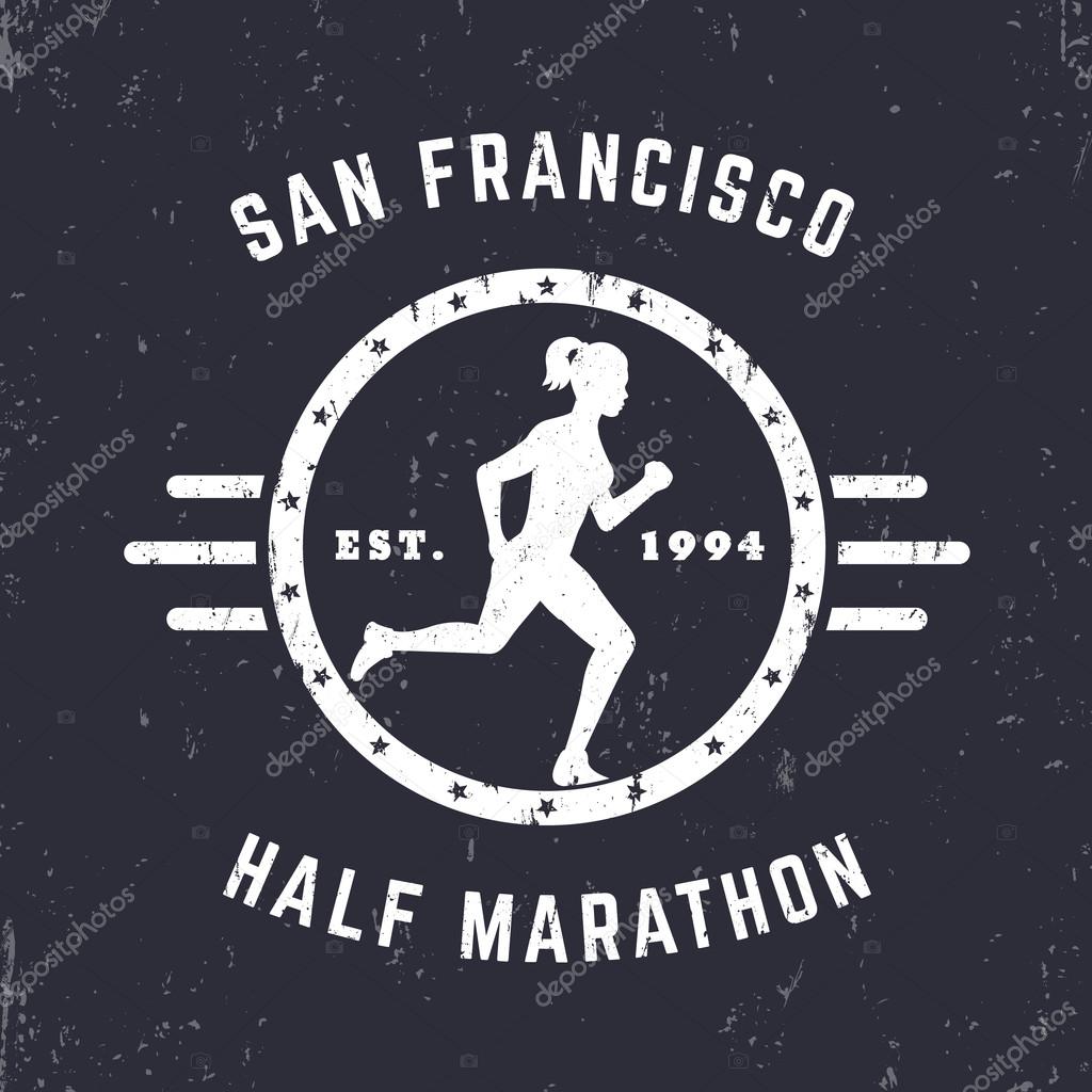 Half Marathon vintage logo, badge, t-shirt print with running girl, vector illustration