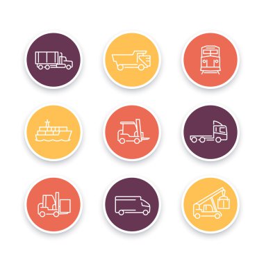 Ulaşım hattı simgeleri, forklift, kargo gemisi, tren, kargo kamyonu, transit, ulaşım piktogramları, renkli yuvarlak simgeler seti, vektör çizimi