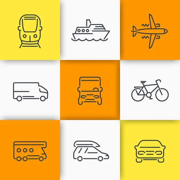 Transport icons, car, van, bus, train, airplane, ship linear icons on squares, vector illustration — Stock Vector