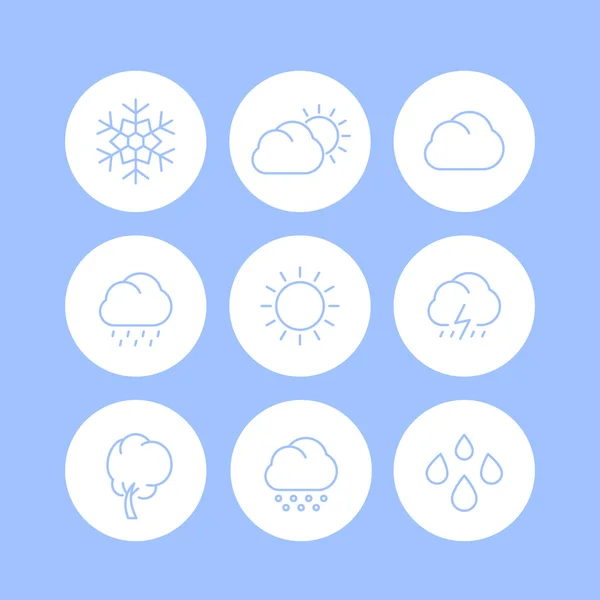 Wetterlinie Symbole, sonnig, bewölkt Tag, Regen, Schneeflocke, Hagel, Wind, Sonne, Schnee rund isolierte Symbole, Vektor-Illustration — Stockvektor