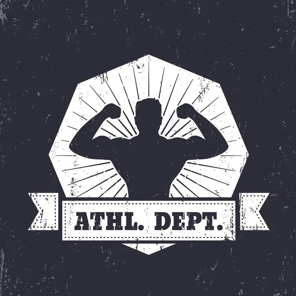 Departamentos atléticos. emblema, diseño de camiseta con atleta posando, ilustración vectorial — Archivo Imágenes Vectoriales