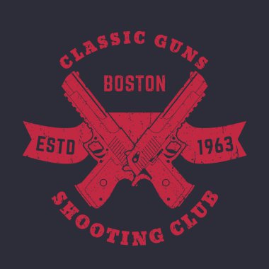 Klasik Guns amblemi, çapraz güçlü tabancalar ile logo, silah, kurdele üzerinde iki tabanca ile kırmızı baskı, vektör illüstrasyon