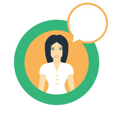 yuvarlak şekil li konuşma kabarcığı ile düz stil kadın karakter, beyaz elbiseli uzun saçlı kız, beyaz izole, vektör illüstrasyon