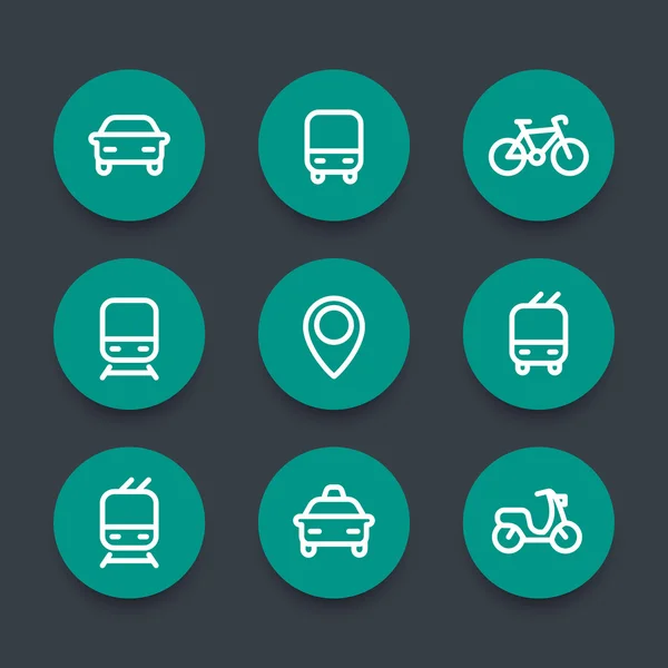 Ciudad y transporte público ronda iconos verdes, iconos de vectores de transporte público, ruta, autobús, metro, taxi, pictogramas de transporte público, conjunto de iconos de línea gruesa, ilustración de vectores — Vector de stock