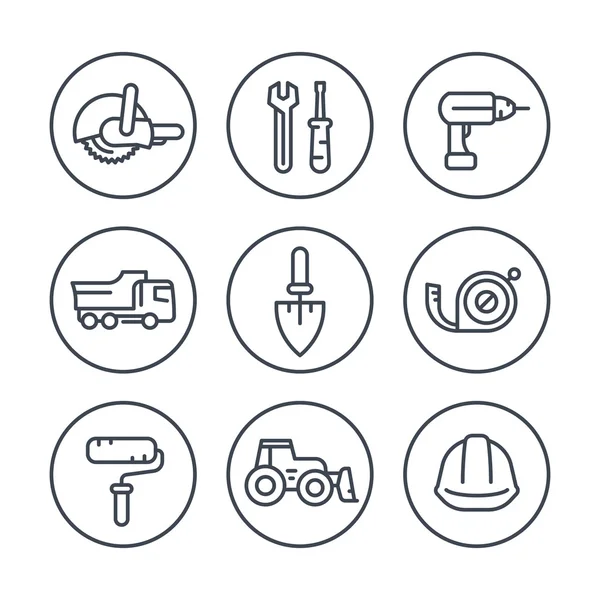 Construction line icons in circles, construction tools and equipment linear signs, pictograms, vector illustration — Stock Vector