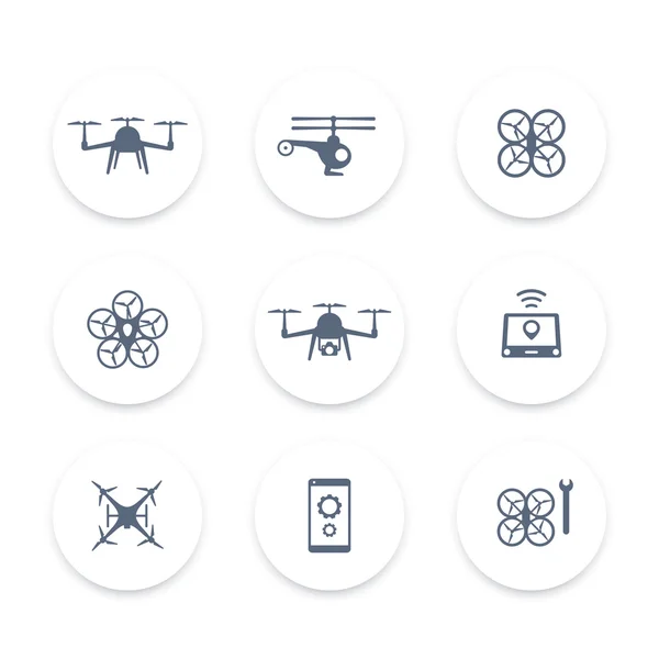 Drone, helicóptero, quadrocopter conjunto de iconos redondos, signos con drones, ilustración vectorial — Vector de stock