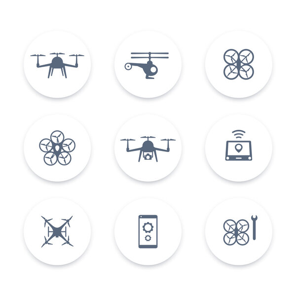 Drone, copter, quadrocopter round icons set, signs with drones, vector illustration