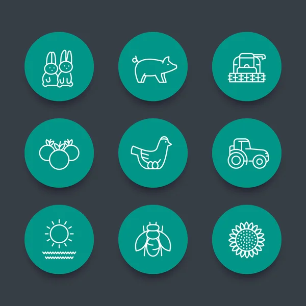 Farm, ranch line icons, harvester, hen, pig, crop, vegetables, green round icons set, vector illustration