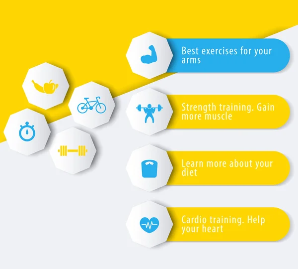 Fitness, utbildning, gym, Workout ikoner med 3D geometrisk banner design i blått och gult, vektor illustration — Stock vektor