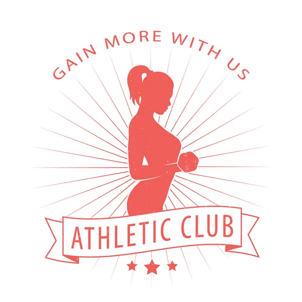 Gagner plus avec nous logo, badge avec pose fille athlétique, logo fitness isolé sur blanc, illustration vectorielle — Image vectorielle