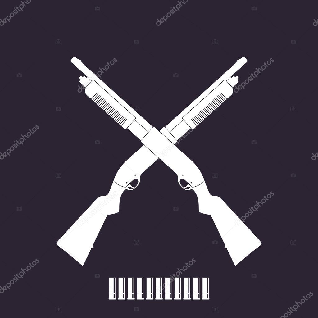 Crossed shotguns, two hunting rifles, shotgun shells, white on dark, vector illustration