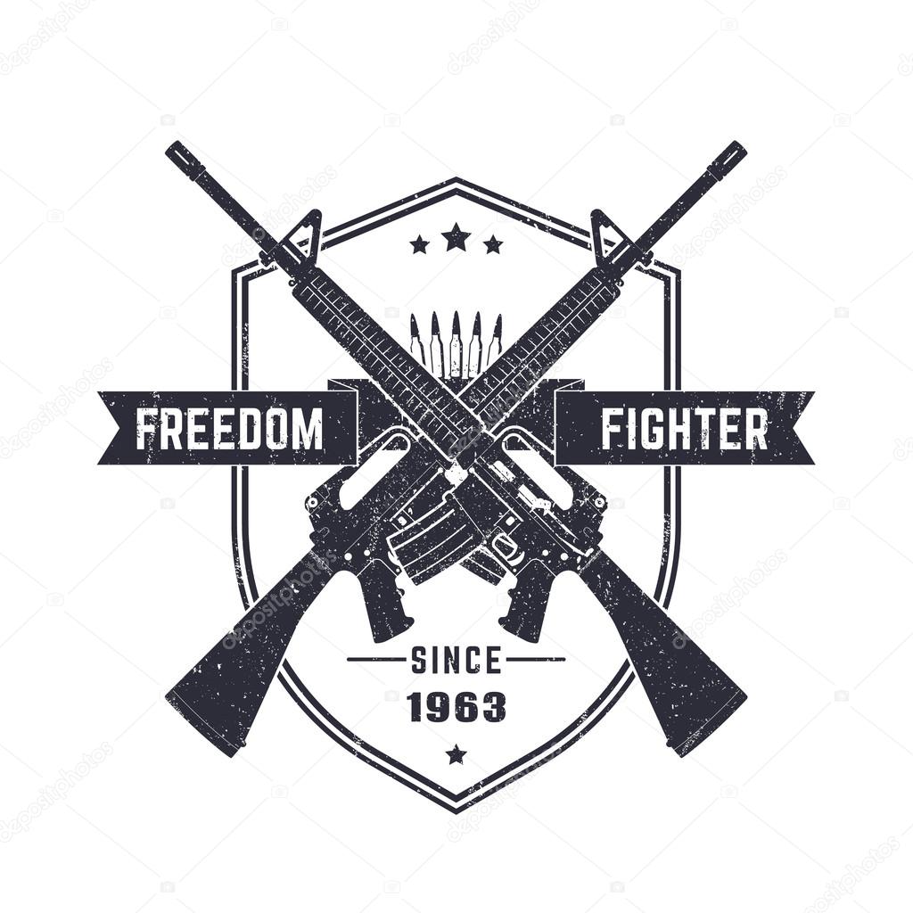 Freedom fighter, vintage t-shirt design, print, with american assault rifles, automatic guns, vector illustration