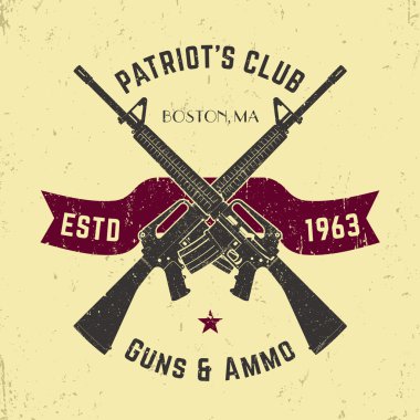 Patriots club vintage logo with crossed automatic guns, gun shop vintage sign with assault rifles, gun store emblem, vector illustration clipart