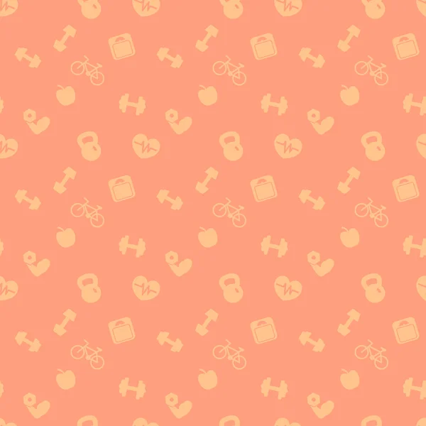 피트니스 아이콘, 오렌지 원활한 피트니스 배경, 벡터 일러스트와 원활한 패턴 — 스톡 벡터