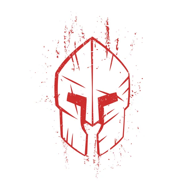 Casco espartano con arañazos, vista frontal, rojo sobre blanco, ilustración vectorial — Vector de stock