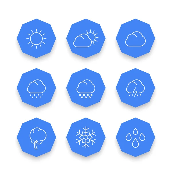 Wetterlinie Symbole, sonnig, bewölkt Tag, Regen, Hagel, Schnee, Wolken, Wind, Sonne, blaue Achteck Symbole, Vektorillustration — Stockvektor